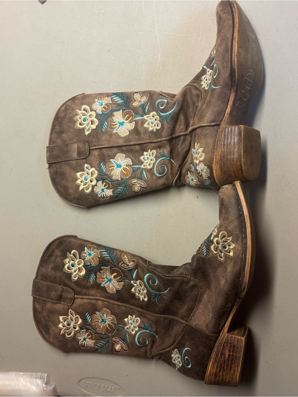Roper Brown Suede Western Boots with Cream and Teal Floral Embroidery